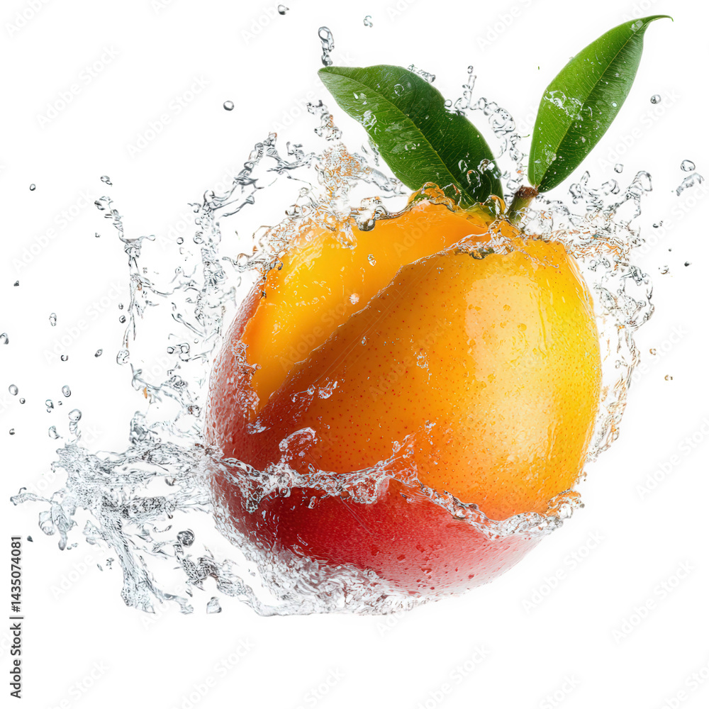 Poster vibrant mango splashing into water. creating dynamic droplets around it the bright colors and fresh 