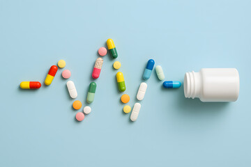 Pills and Capsules Spilling from a Bottle on a Blue Surface