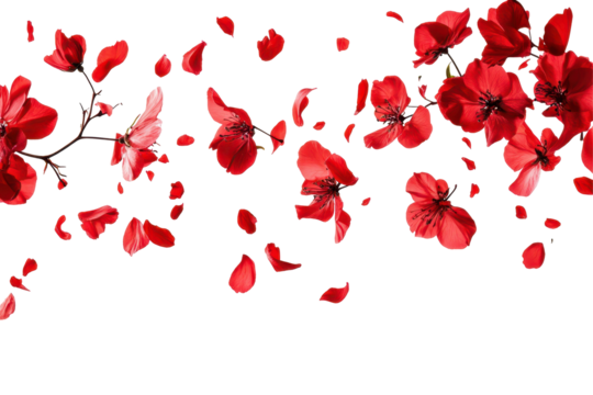 Graceful red flowers and petals flying in the air isolated on white background perfect for designs