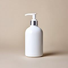 White bottle with pump dispenser on neutral color surface isolated on white background