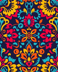 Colorful batik-inspired florals with bold textures create a seamless pattern.