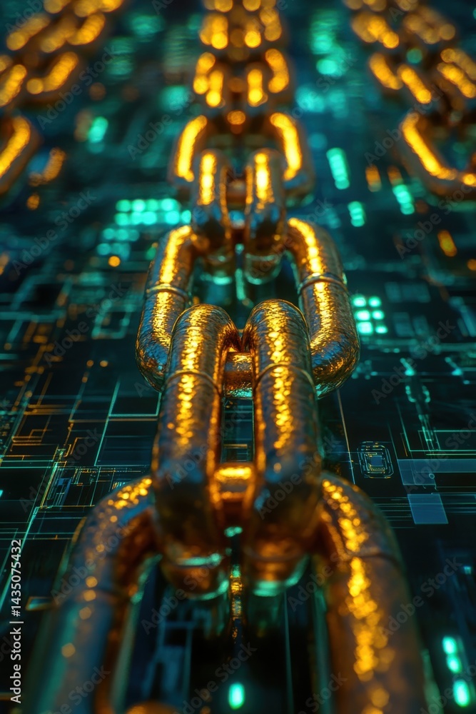 Poster golden chain of digital security: blockchain technology visualization
