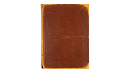 Close-up photograph of an antique worn brown leather bound book on white background