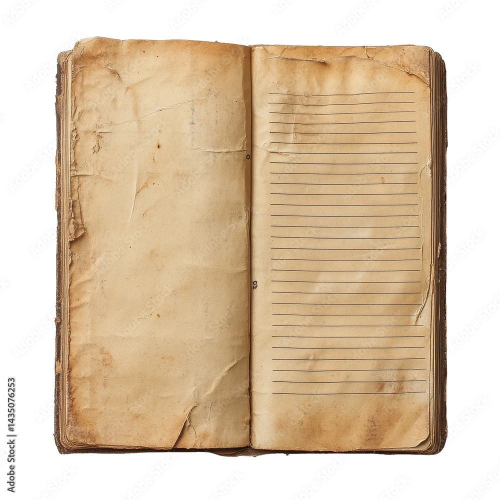 Aufkleber vintage notebook with blank pages resting against a plain background for writing and creativity, old