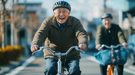 仲間とサイクリングを楽しむシニア男性（ai生成画像）