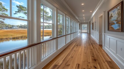 Sunny Hallway with Water View, and Luxury Home.