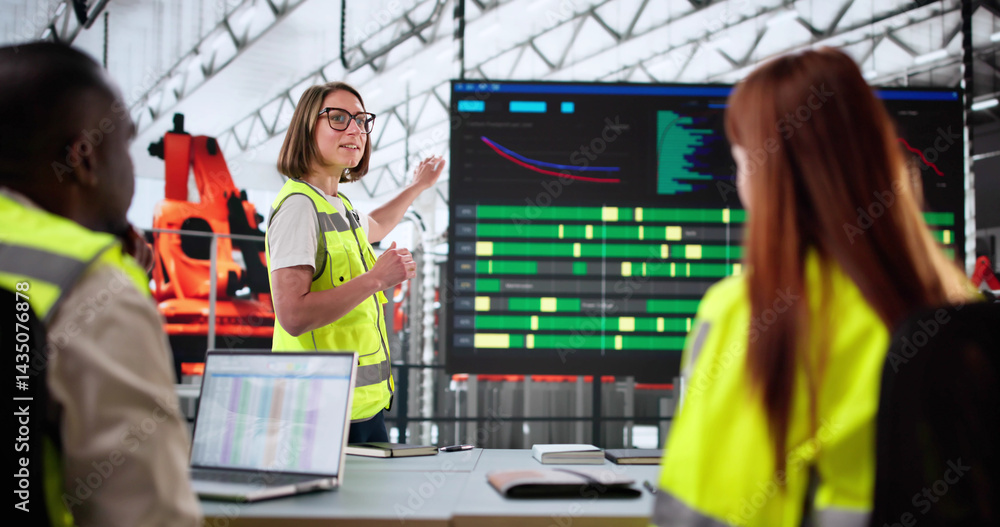 Poster diverse group of workers looking at control panel