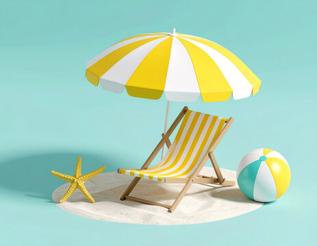 Dream resort banner in 3d realistic style with two beach chair and umbrella. 