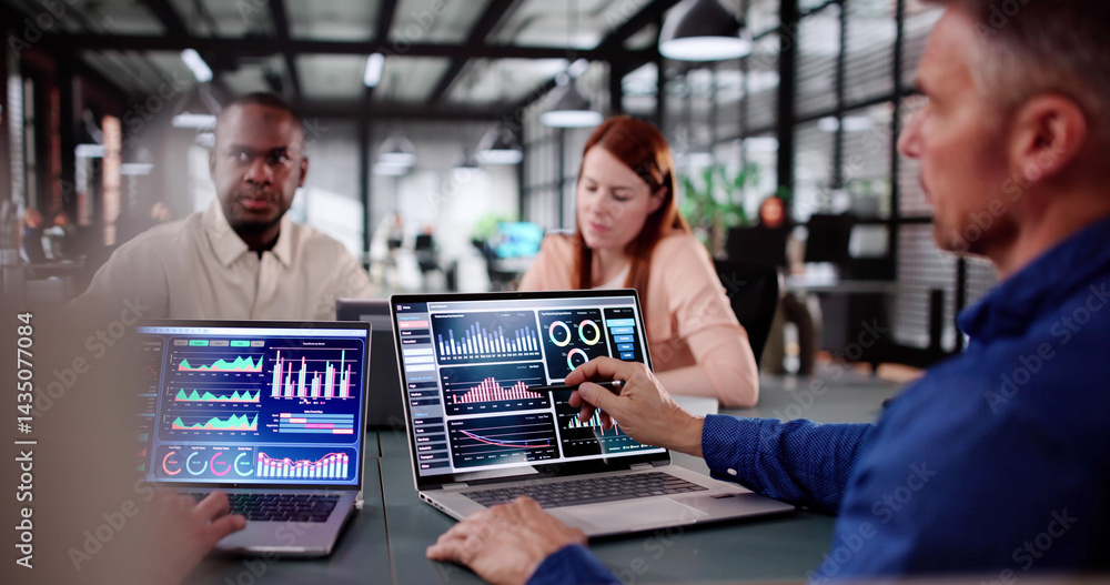 Aufkleber multiracial data analyst predictive virtual meeting