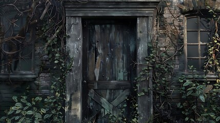 Cracked Ivy Door with Shadowed Windows and Wooden Brace