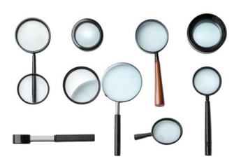 an assortment of magnifying glasses arranged in a visually appealing manner. showcasing various sizes and designs these tools are commonly used for examining small details. enhancing visibility. or co
