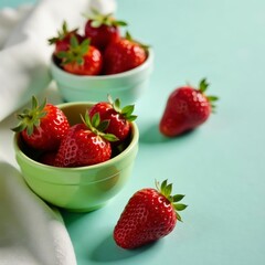 Red juicy strawberries in green and white bowls with leaves, natural, plant, fresh