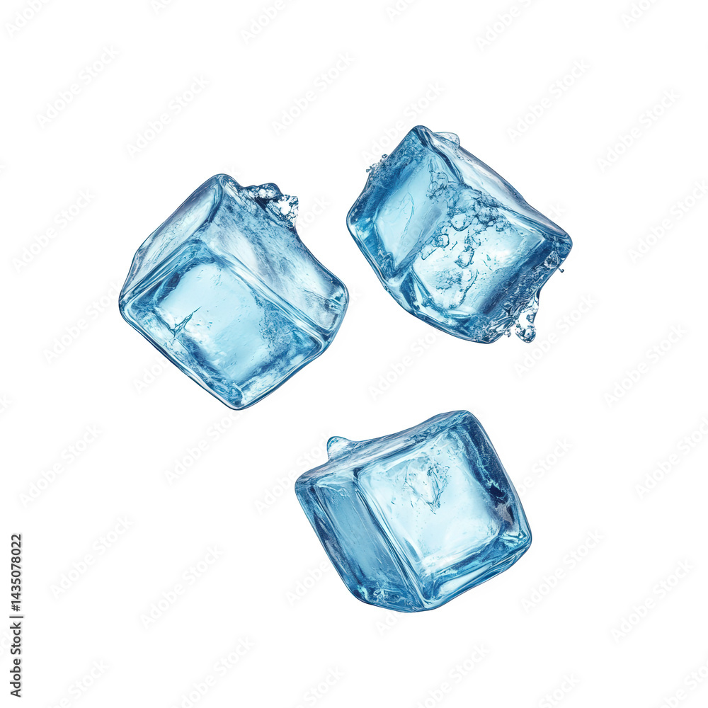 Poster three translucent blue ice cubes suspended in mid-air. with a splash of water droplets around them. 