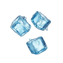 three translucent blue ice cubes suspended in mid-air. with a splash of water droplets around them. creating a refreshing and cool visual effect the clean background emphasizes the clarity and texture