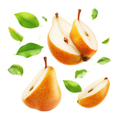 Obraz premium Fresh pear with green leaf and sliced half highlights delicious flavor perfect for health or food visuals