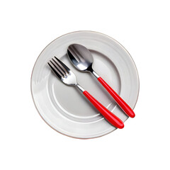 White plate with spoon and fork on transparent background