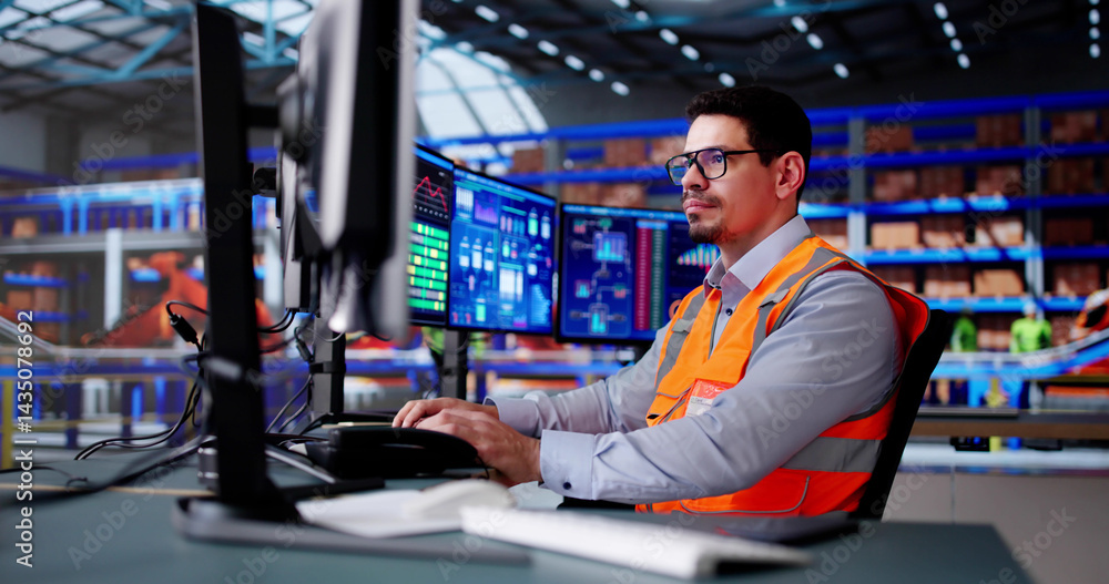 Poster hispanic man working at computer
