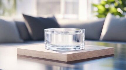 Clear glass bowl of water on wooden surface