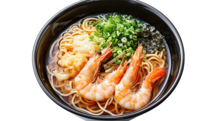 bowl of ramen. showcasing a rich broth with noodles. large shrimp. green onions. seaweed. and pickled vegetables. emphasizing the dish's vibrant colors and textures. ideal for culinary enjoyment