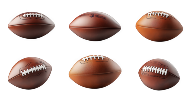 six american footballs arranged in two rows. showcasing different designs and textures the footballs are primarily brown with white laces. emphasizing their purpose for the sport of football the clean
