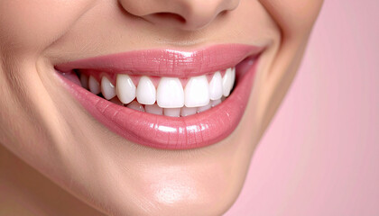 Fototapeta premium Beautiful female smile after teeth whitening procedure. Dental care. Dentistry concept.