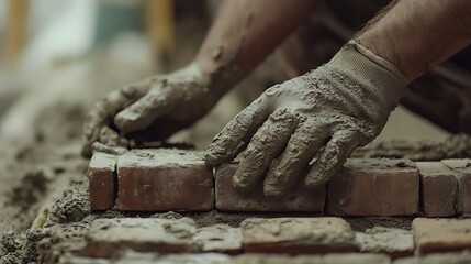 Close-up of Hands Laying Bricks in Construction