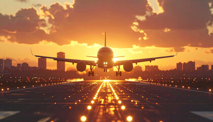Airplane is flying in colorful sky over city at sunset. Landscape with passenger airplane, skyline, purple sky with red and pink clouds at dusk. Aircraft is landing at twilight. Aerial view of plane
