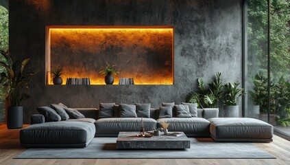 Modern living room with dark gray sectional and exposed concrete.