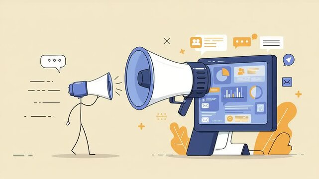 Illustration of a person using a megaphone to communicate with a computer displaying data visuals