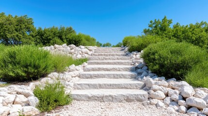 Outdoor stone stairs ascending through landscaped hilltop garden under a clear sky