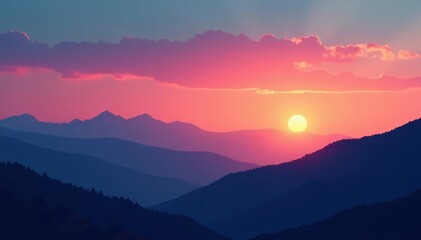 Obraz premium Silhouette of mountains at dawn, with the sky showcasing a gradient of hues, mountains, sky