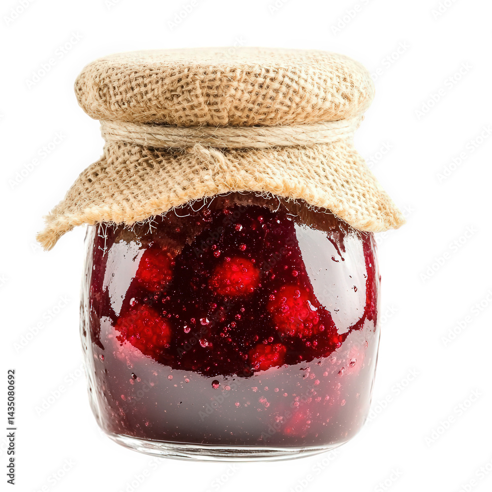 Poster jar of raspberry jam. showcasing its rich. deep red color and visible fruit pieces the jar is sealed