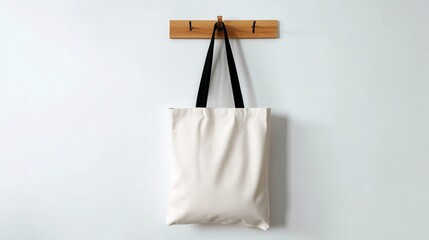 Organic cotton tote bag hanging on wooden hook against a clean white background