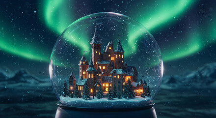 Magical Christmas Snow Globe with Illuminated Castle and Northern Lights Enchanting Winter Scene