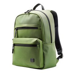 A green school backpack, a carry object with a zipper and handle, is isolated on on a transparent background