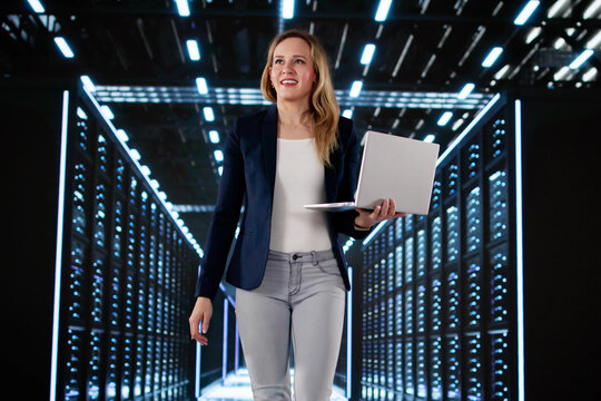 Smiling Female Engineer Installing AI Software