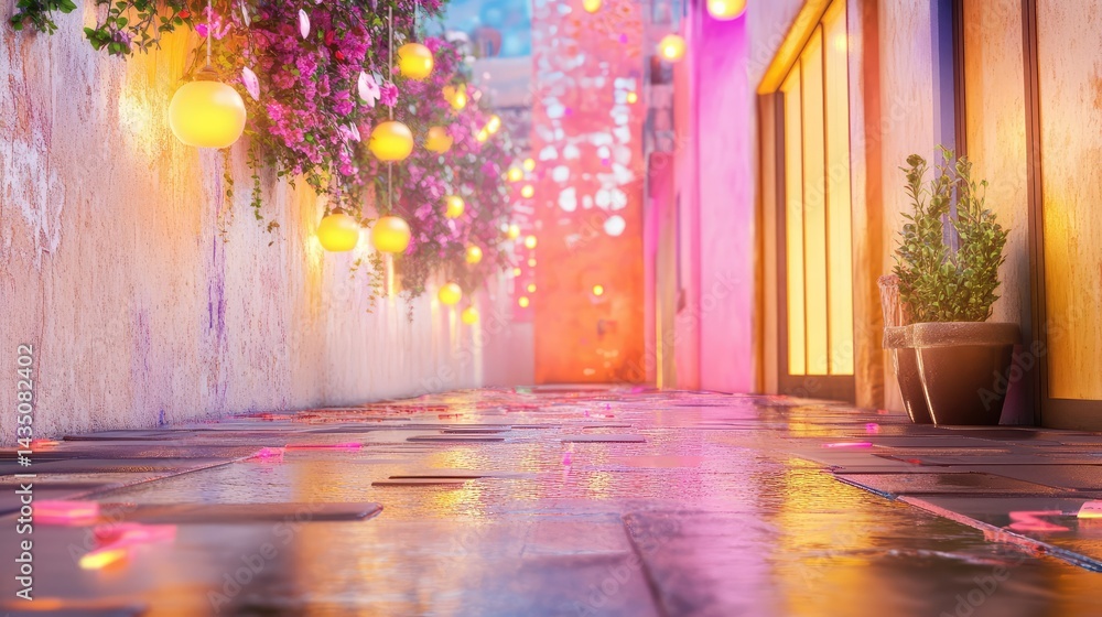 Poster empty alleyway with glowing neon lines projected on wall and wet floor shimmering