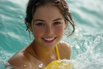 Happy tropical holiday. Bright Ñommercial style. Gorgeous happy and sexy young woman with gorgeous thick short brown hair in yellow strapless bandeau enjoying turquoise sea, splashes around her.