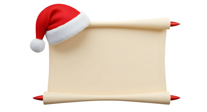 Scroll with red ends and santa hat on top against a black background png, jpeg, jpg, transparent background, white background. isolated on transparent background
