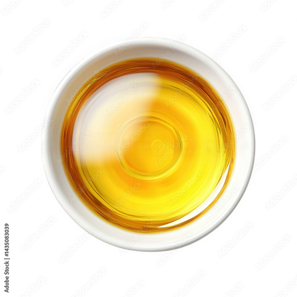 Poster small white bowl filled with a golden liquid. likely oil. set against a plain white background the s