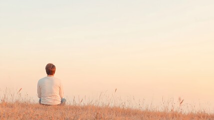 Person Contemplating Sunset on Grassy Hill