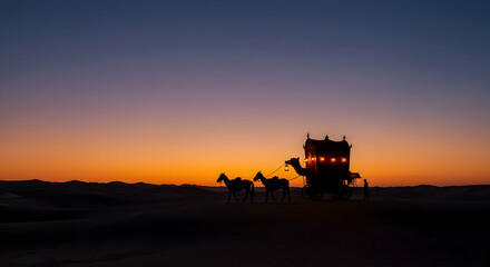 Naklejka premium Camel Silhouette Against Vibrant Desert Sunset Tourism Adventure Exotic Travel Destination Scenic Landscape Photography
