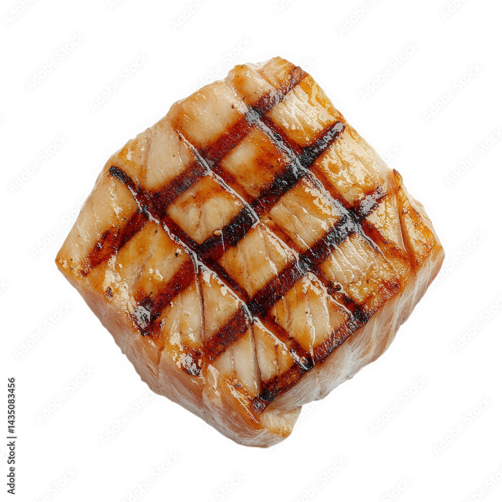 Poster grilled piece of meat. showcasing a perfectly seared exterior with distinct grill marks. highlightin