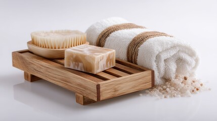 Organic bath products displayed on a wooden tray with a soft towel and natural exfoliants arranged neatly on a white background