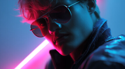 Stylish man with sunglasses in neon light portrait fashion photography and trendy modern aesthetic vibe look