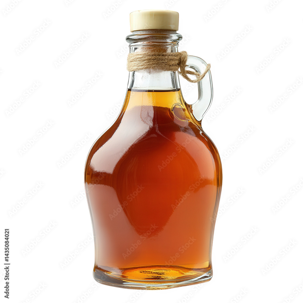 Poster glass bottle filled with amber-colored syrup. likely maple syrup. characterized by its distinctive s