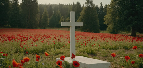 The cross on the grave of a WWII soldier stands in the middle of a poppy field