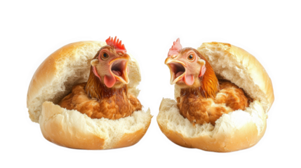 two chickens humorously placed inside bread rolls. creating a playful and whimsical visual the chickens appear animated and lively. emphasizing a fun take on food presentation. perhaps intended for a