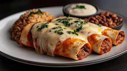 Delicious enchiladas with rice and beans, topped with melted cheese and a creamy sauce