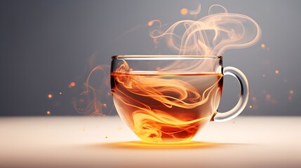 Amber tea in a steaming glass cup
